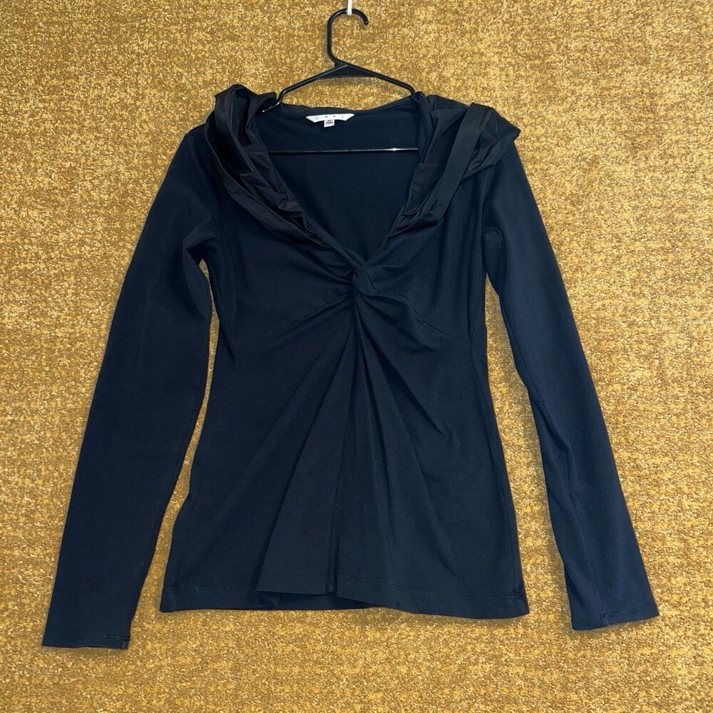 Vintage Cabi Sz M Black Long Sleeve Top Art-to-Wear Steampunk Collared V-Neck